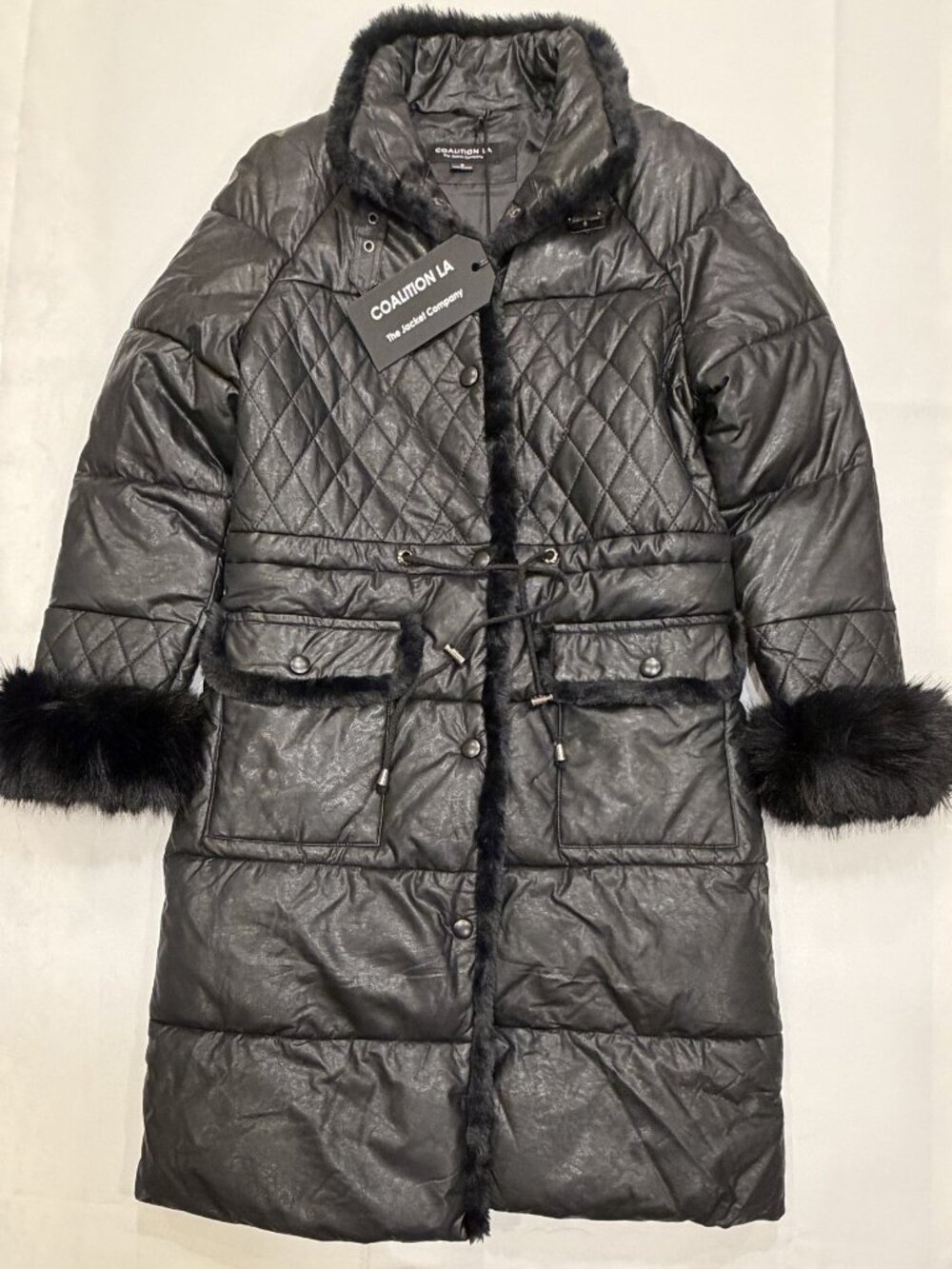 Coalition LA Black Quilted Faux Fur Long Puffer Coat S NWT